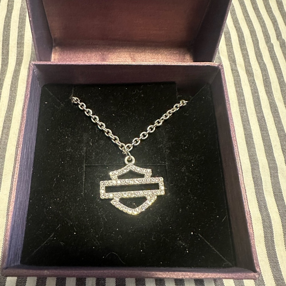Harley-Davidson Silver Necklace with Crystal Bar and Shield Emblem